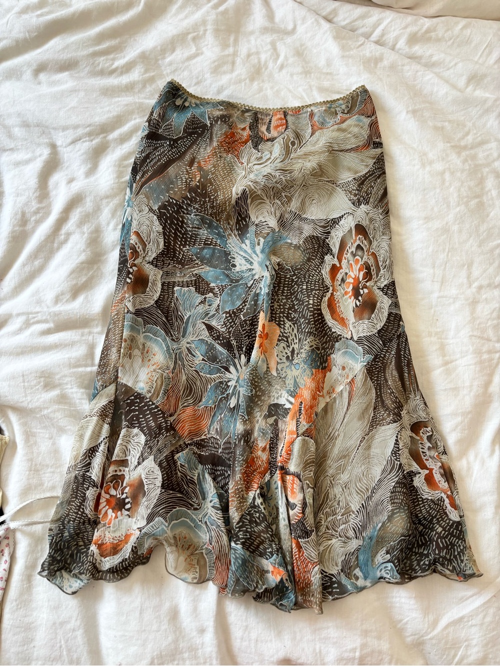 Floral Print Maxi Skirt in Blue, Brown & Orange